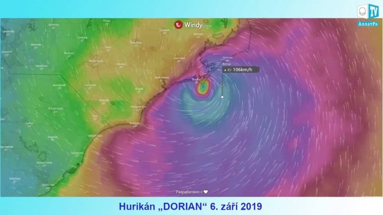 Hurikán „DORIAN“. Mapa rychlosti větru ve formě znaku AllatRa? Pozorování. Zdržují se kataklyzmata?