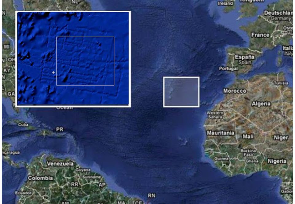 Необычный объект к юго-востоку от Азорских островов в месте расположения Атлантиды на картах